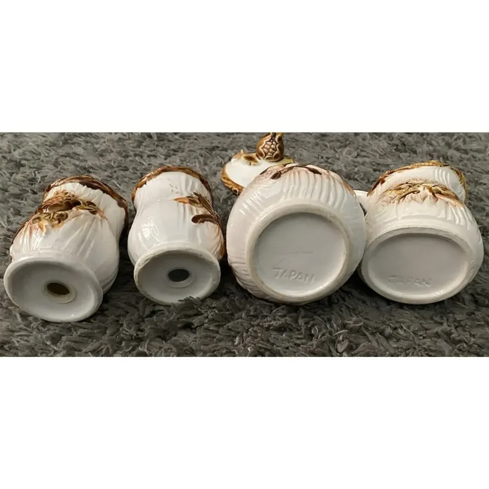 Nevco Small Cream and Brown Creamer, Sugar Bowl, Salt & Pepper Vtg Shaker Set